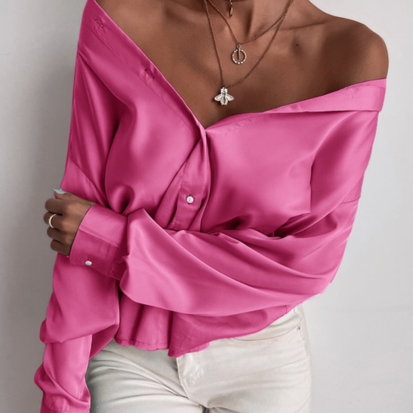 Satin Black silky button down Boyfriend Work Top - Picture 9 of 16